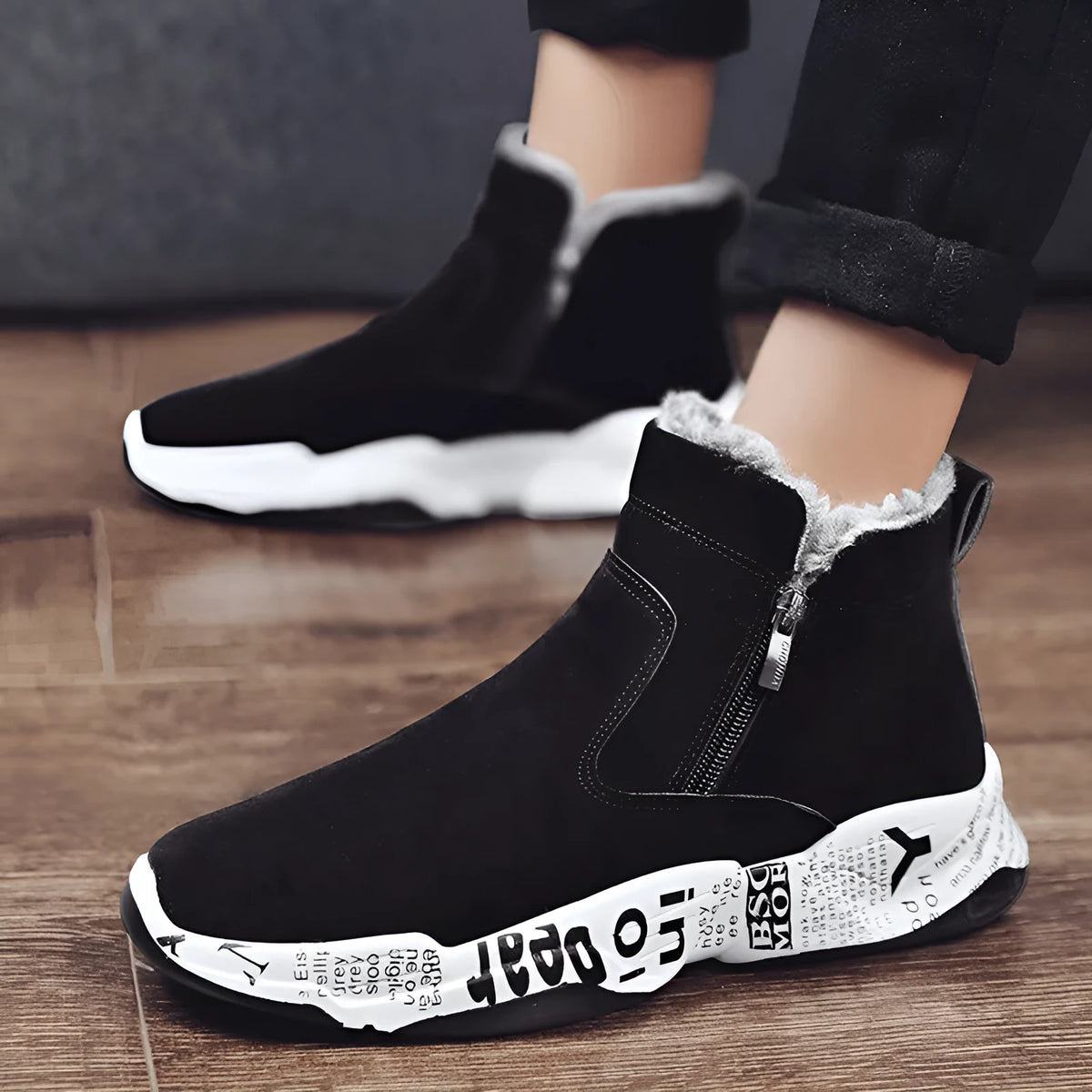 Men's high-top snow boots fleece-lined suede upper rubber sole non-slip winter sneakers black white