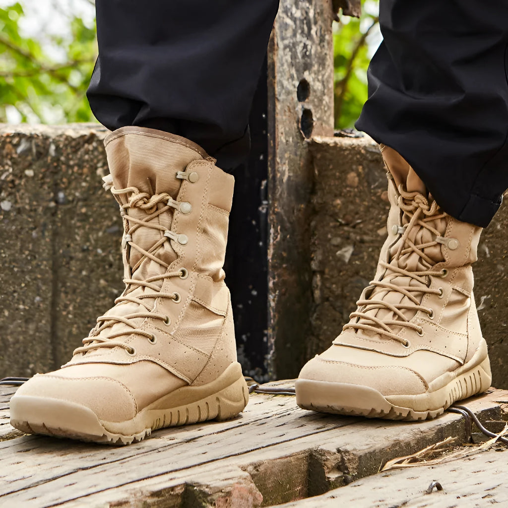 Yulong tactical desert combat boots in black and sand colours for outdoor climbing and hiking