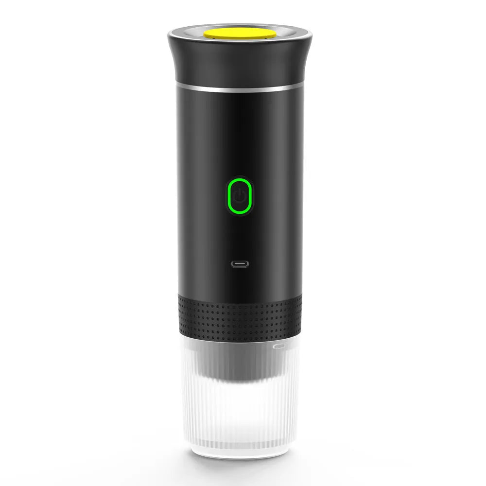 Portable Italian espresso machine in black, showing main unit, USB-C cable, and box