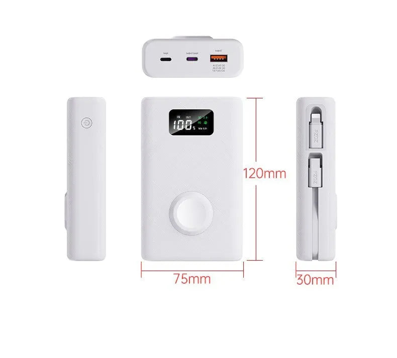 Black and white 20000mAh wireless power bank showing digital display screen and USB ports