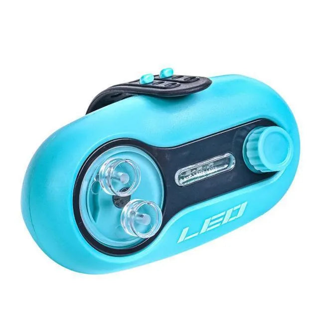 Fishing rod alarm with automatic signal lamp in blue or black colours for night fishing