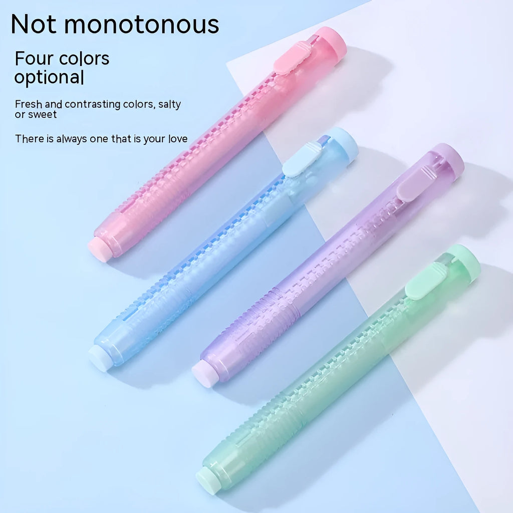 Push type traceless children's automatic eraser in blue, green, pink, or purple, showing 12cm by 8cm size.