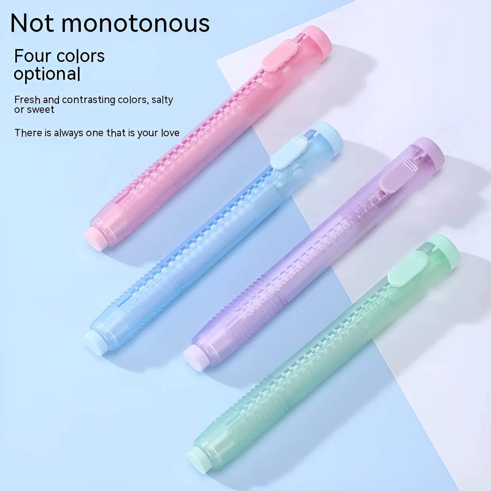 Push type traceless children's automatic eraser in blue, green, pink, or purple, showing 12cm by 8cm size.