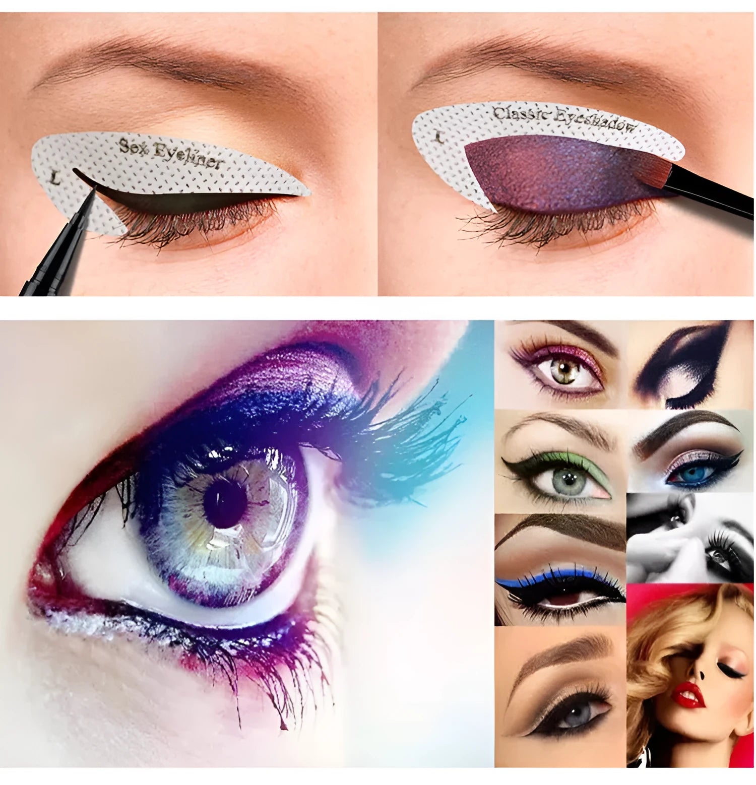 Set of four reusable flexible eyeliner stencils on a pink background, showing cat-eye and winged templates