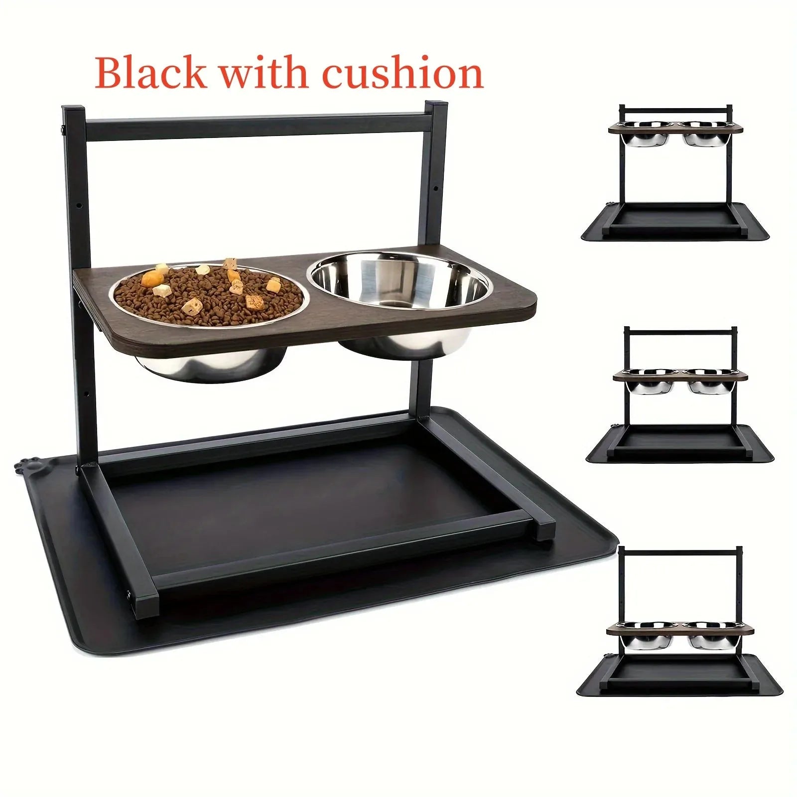 Black iron elevated dog feeding stand holding three different sized bowls for large breeds.