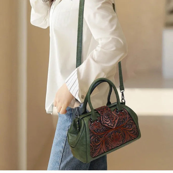 Handmade carved one-shoulder women's PU leather bag in beige with retro embossed pattern and pillow shape