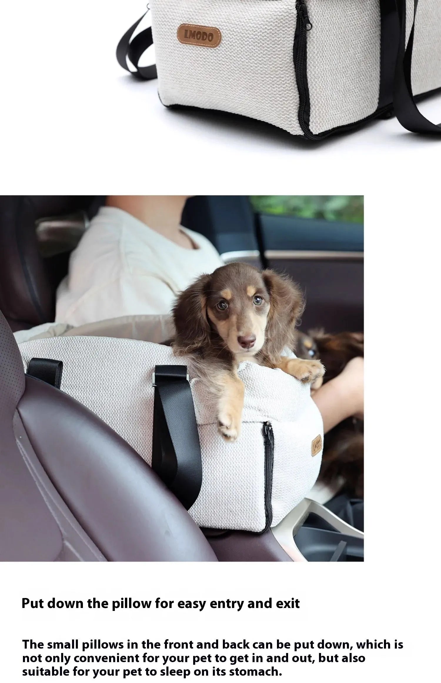 Beige white dual-use pet car nest and bed carrier for small dogs or cats.