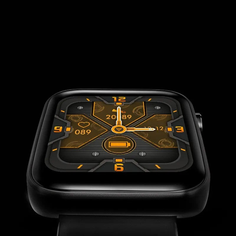 Black intelligent bracelet with touchscreen displaying blood pressure and body temperature readings
