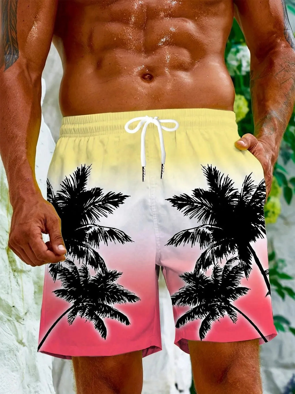 Man's solid colour quick-dry polyester swimming trunks on a white background