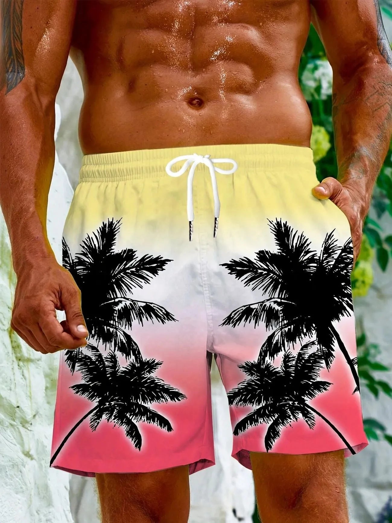 Man's solid colour quick-dry polyester swimming trunks on a white background