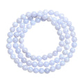 Blue agate bead bracelet with striped patterns and a Ruyi charm on a white background.