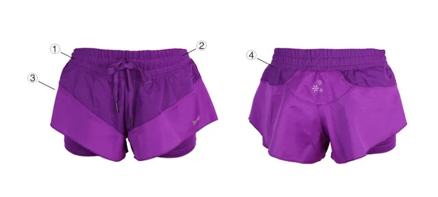 Purple quick-drying nylon sports shorts for running, fitness and dance, available in sizes S to XL