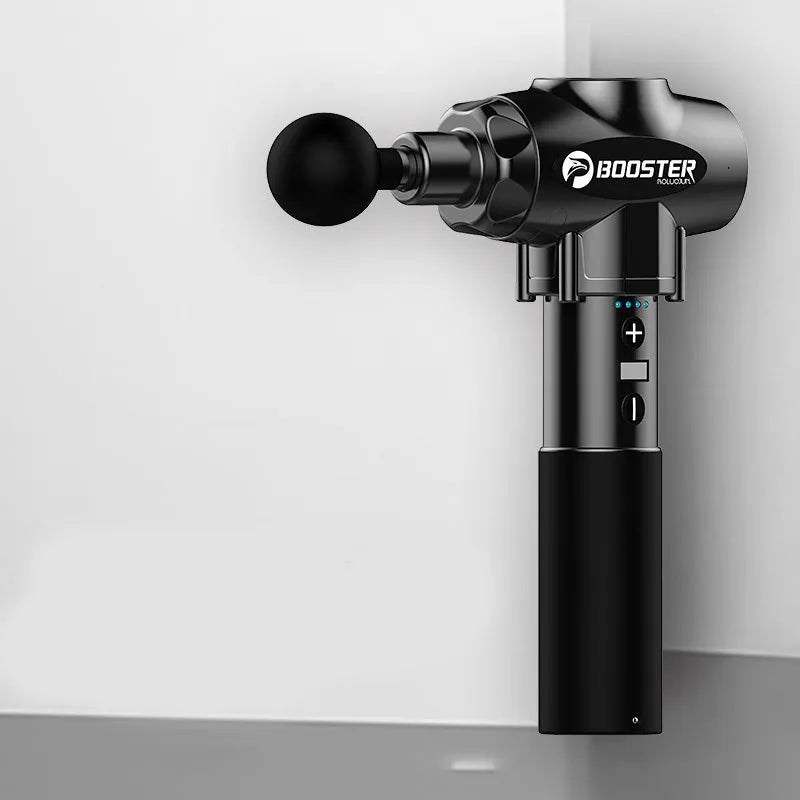 Black and white cordless massage gun for muscle relaxation with adjustable speed settings.