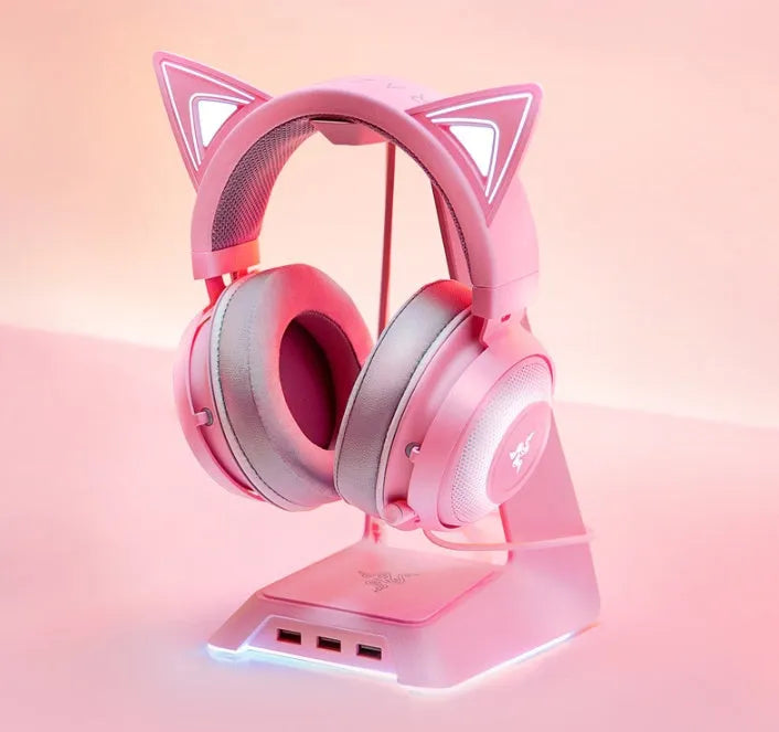 Pink glowing cat earphones with colourful LED lights on ear cups, wired USB connection
