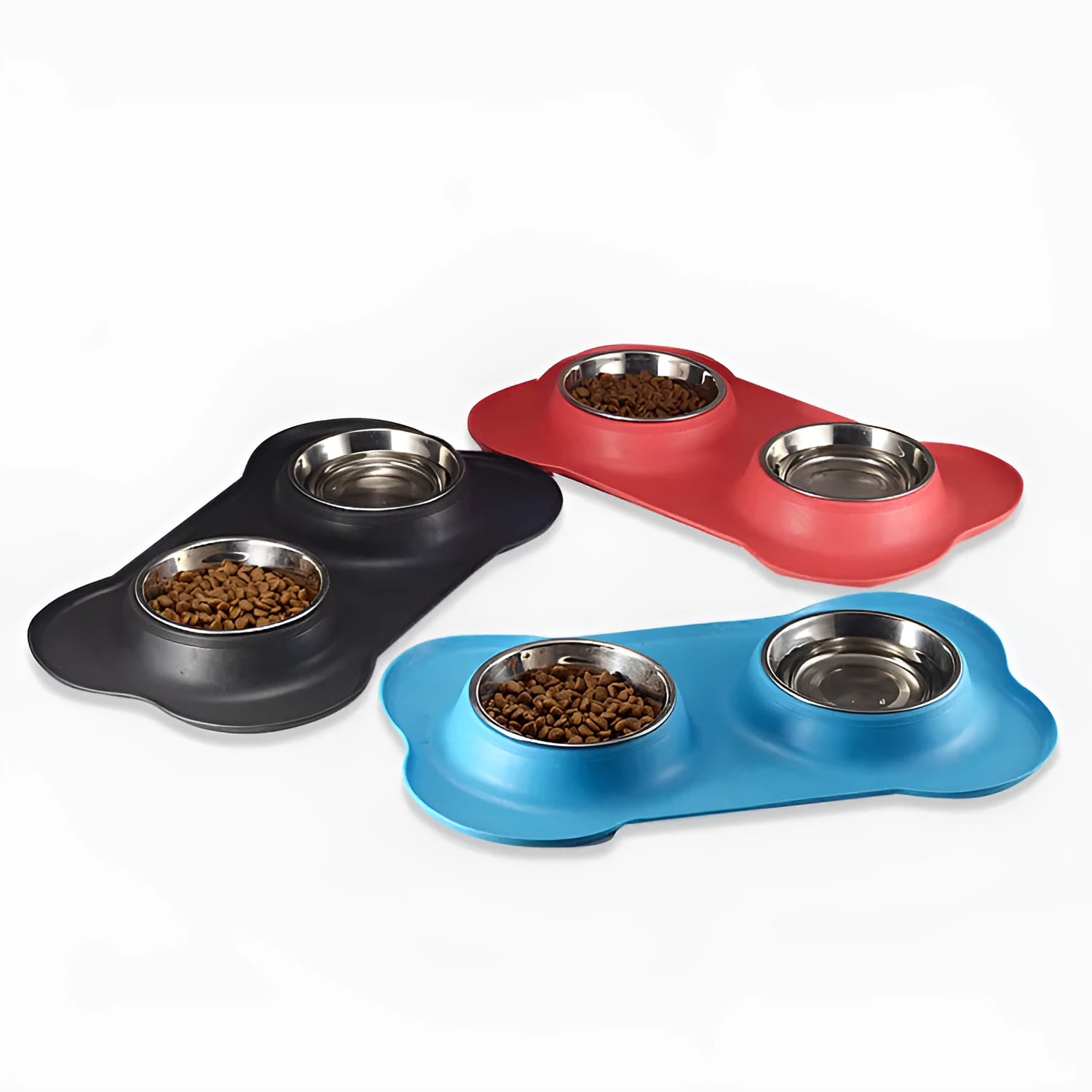 Bone silicone pet double bowl with stainless steel inner layer, non-slip base, 46x27x15cm in black