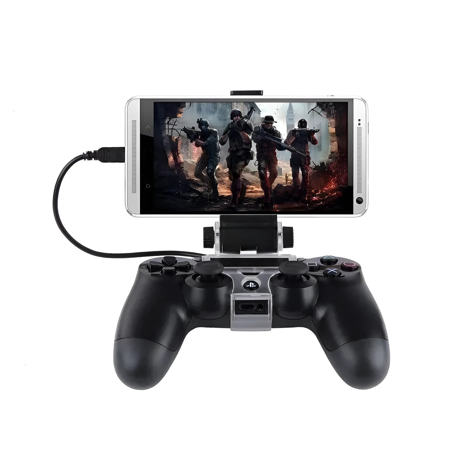 Black PS4 controller mobile game clip holding a smartphone, with included OTG cable for connection.