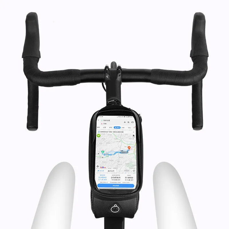 Black grey bicycle phone bag with reflective straps mounted on bike frame