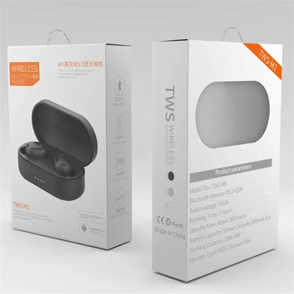 M1 Bluetooth wireless stereo headset with earbud design in black or white colour