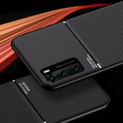 Magnetic friction phone case for Huawei P30 Pro Mate 20 in black PU leather and iron sheet back cover