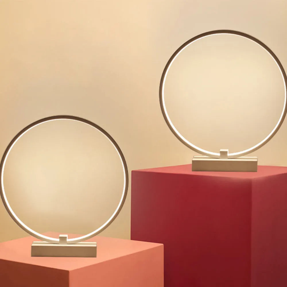 White acrylic LED bedside lamp with iron base, 25cm diameter, cool or warm white light