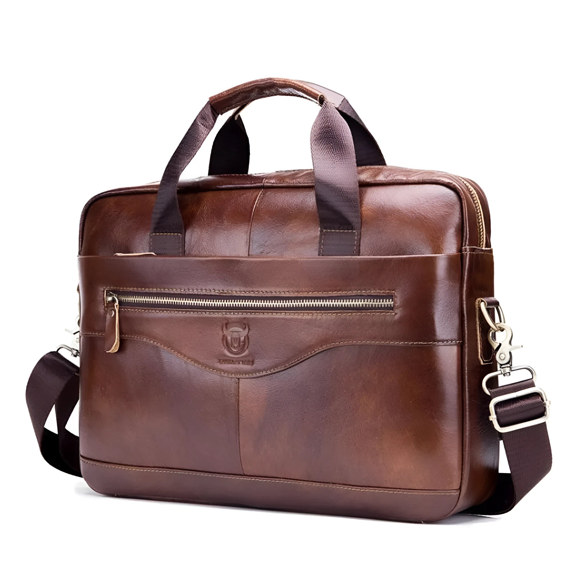 Bullcaptain 044 brown top grain cowhide leather briefcase with computer pocket, 44cm wide, on a plain background