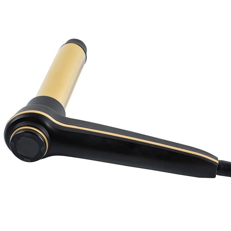 Gold aluminium alloy hair curler with LCD screen and ceramic-coated heating tube on surface