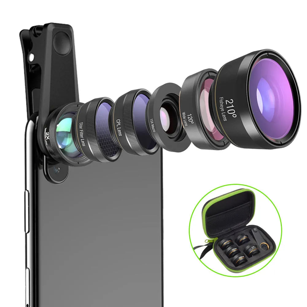 Black 6-in-1 smartphone camera lens kit with fisheye, macro, wide-angle, telephoto, CPL and star filters, case, and universal clip.