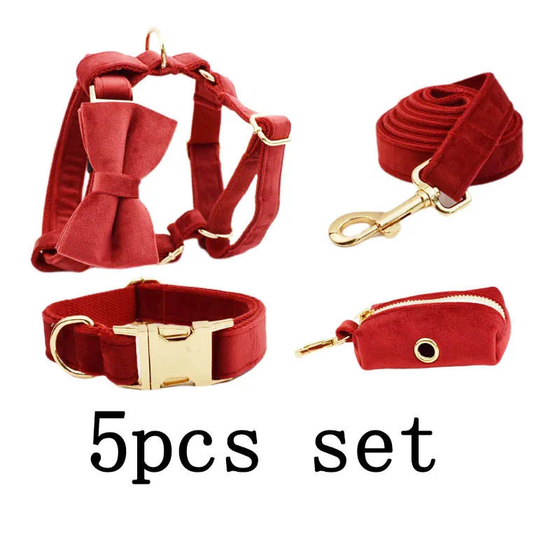 Soft cloth dog collar and leash set with matching vest, red bow tie, and included poop bag on a white background.