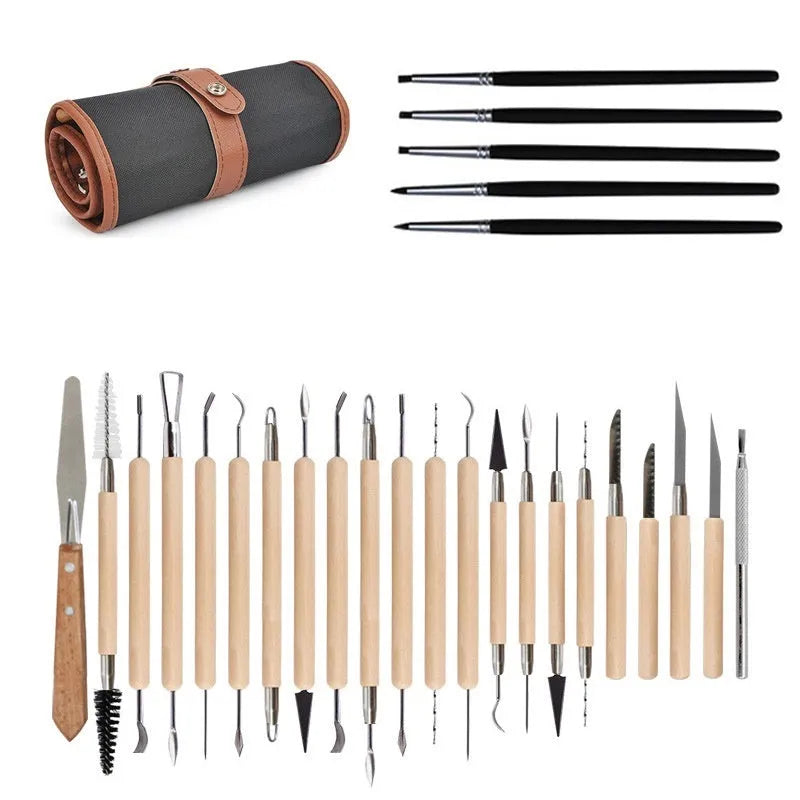 27-piece pottery clay tool set with stainless steel sculpting tools and wood plastic handles
