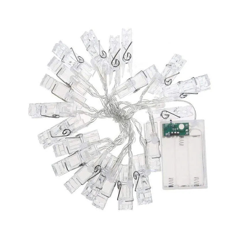 LED photo holder string lights with warm white bulbs and photo clips on a window display