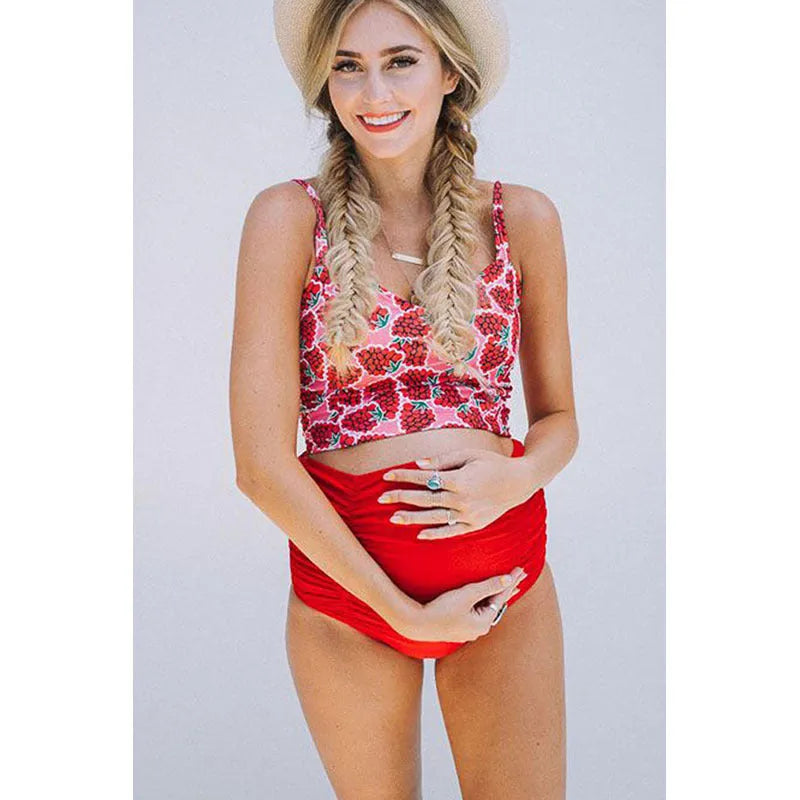 Red maternity high waist swimwear set with swim trunks for pregnant women in stretch fabric