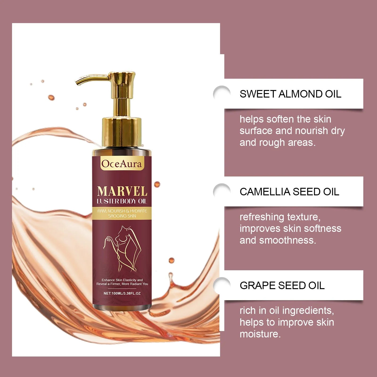 100ml bottle of Gloss Care body massage oil with jojoba, almond, camellia and grape seed oils