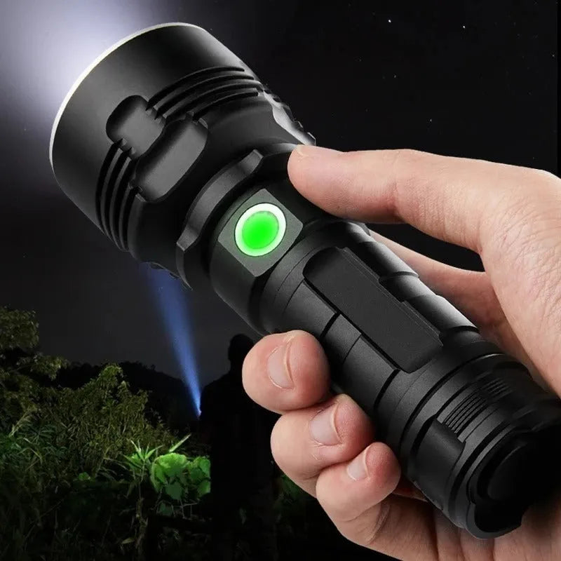 Rechargeable 20W LED torch with aluminium alloy body, focusing beam, 200-500m range, and charger