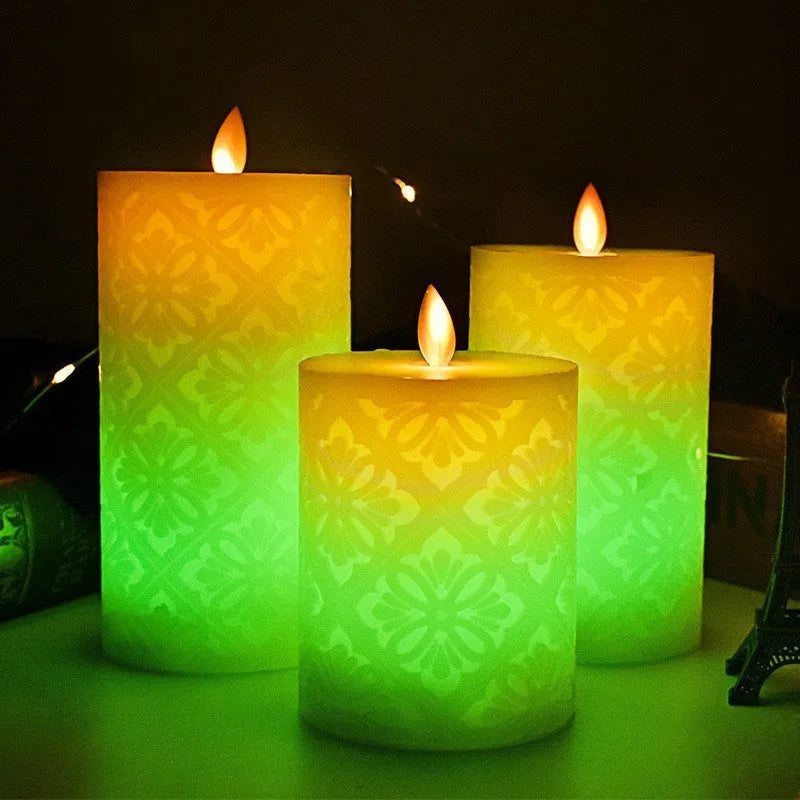 LED hollow pattern electronic candle decoration lamp, paraffin cylindrical body, 8x10cm to 8x15cm, battery operated