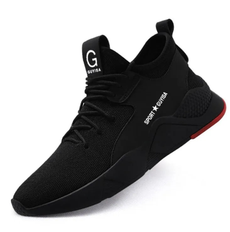 Steel toe work safety shoes with puncture proof mid-sole, mesh upper and rubber outsole in Black or Black red