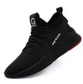 Steel toe work safety shoes with puncture proof mid-sole, mesh upper and rubber outsole in Black or Black red