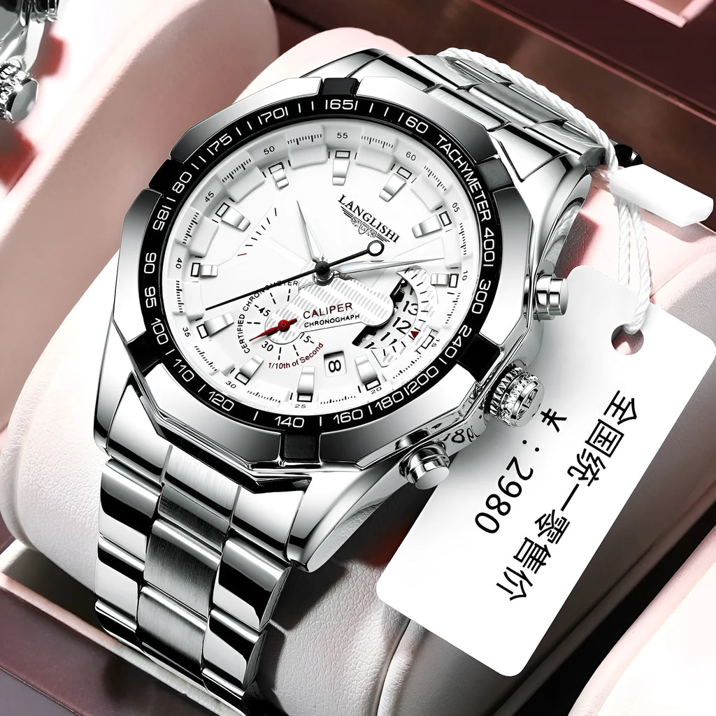 Round men's waterproof luminous quartz watch with 45mm stainless steel case and black strap