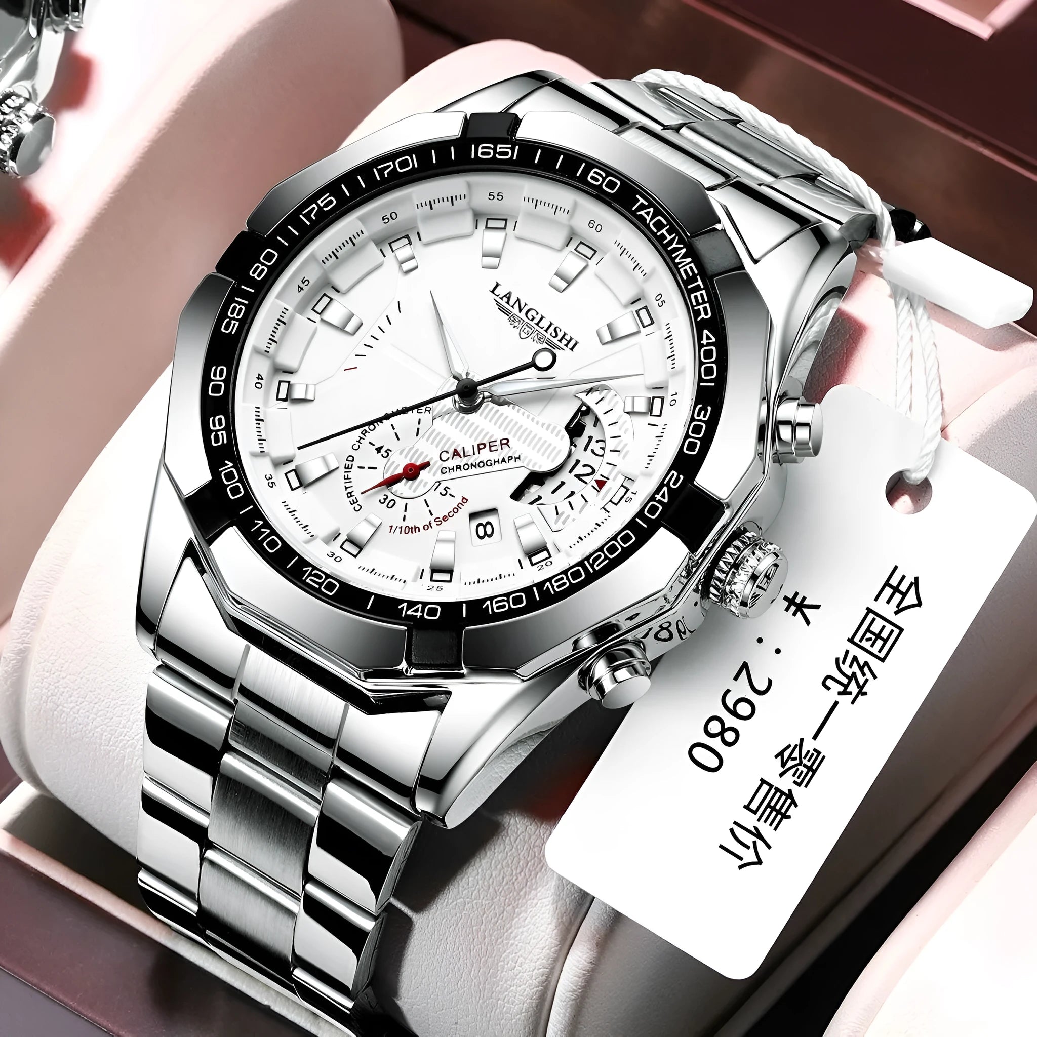 Round men's waterproof luminous quartz watch with 45mm stainless steel case and black strap