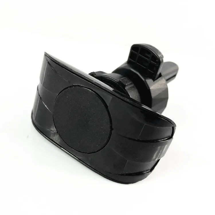 Black universal car phone holder attached to a car air vent, showing flexible gooseneck arm and adjustable phone cradle.
