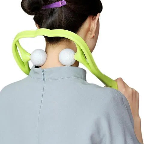 A pink plastic handheld neck and shoulder massager with adjustable rollers on a flexible stand.