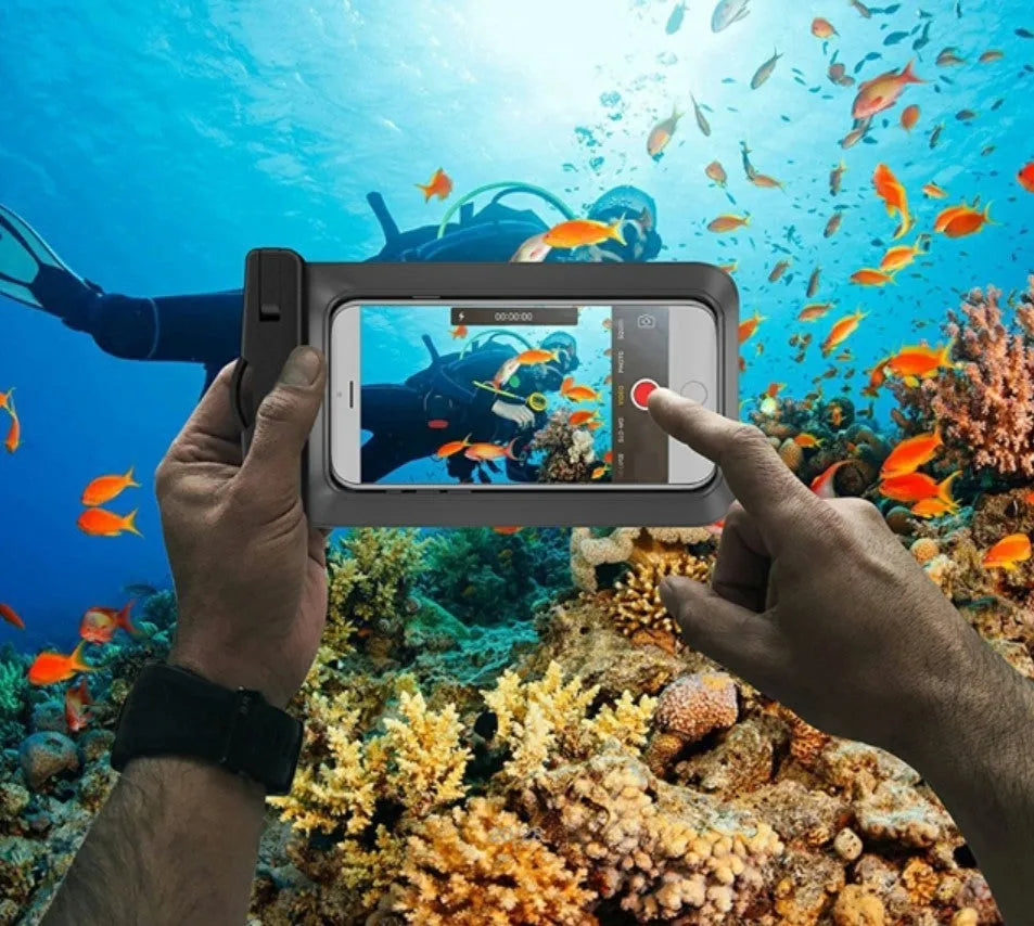 Waterproof mobile phone bag for devices up to 7 inches, made from PVC fabric in colours like pink-blue and turquoise.