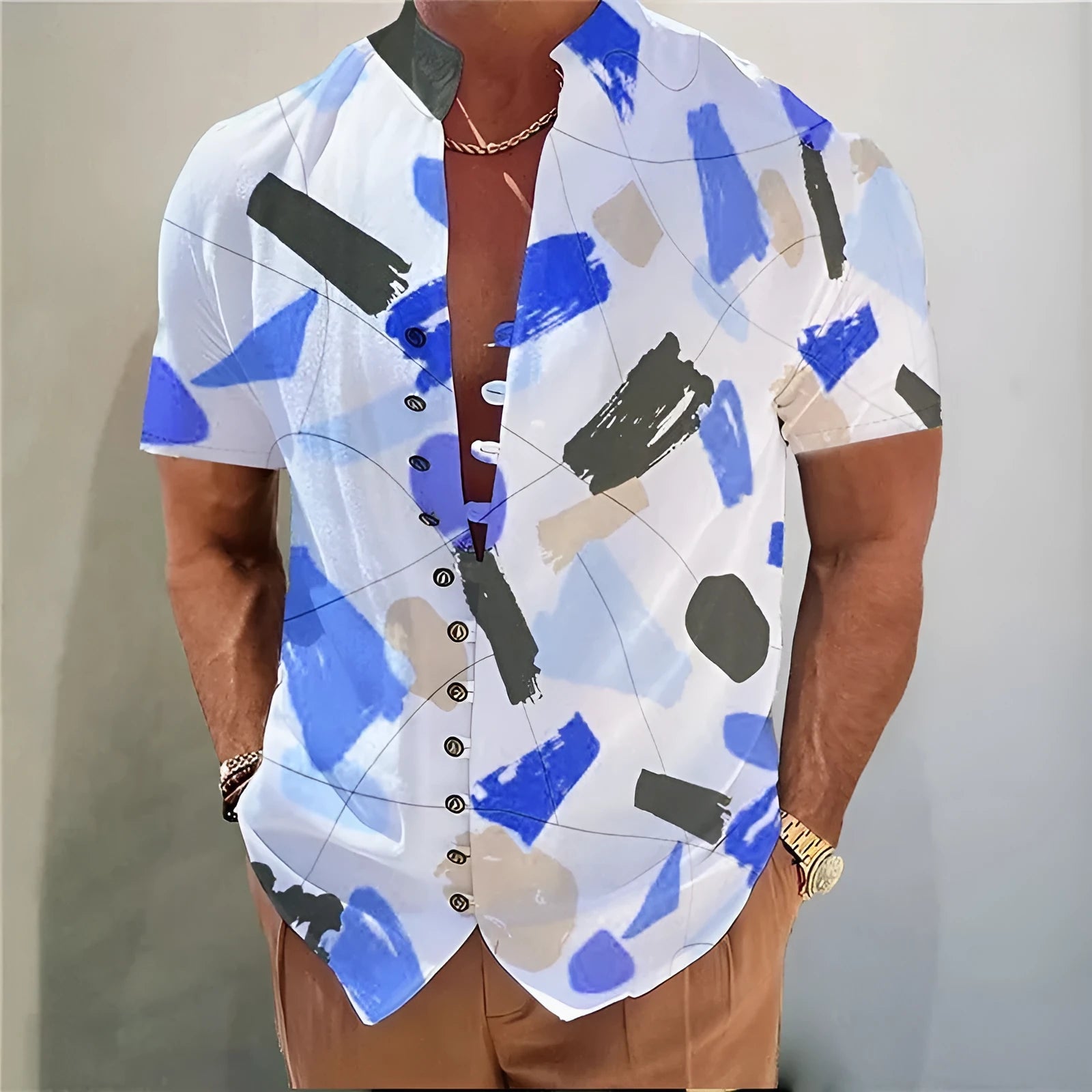 Youth short sleeve casual shirt with geometric 3D printed floral pattern in chemical fibre blending fabric