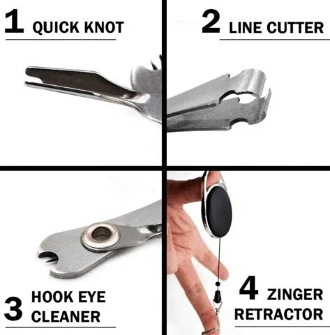 Black fishing pliers kit with scissors and quick knot tool on a white background, 8.5cm long