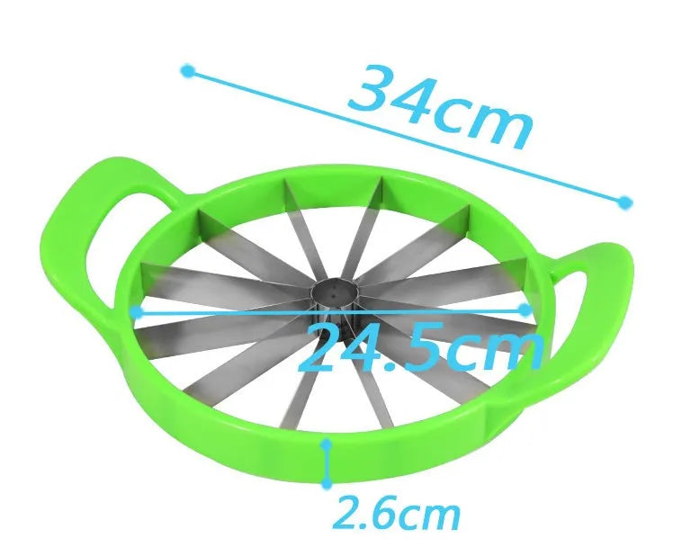 Green watermelon slicer with 410 stainless steel blade and non-slip plastic handle.