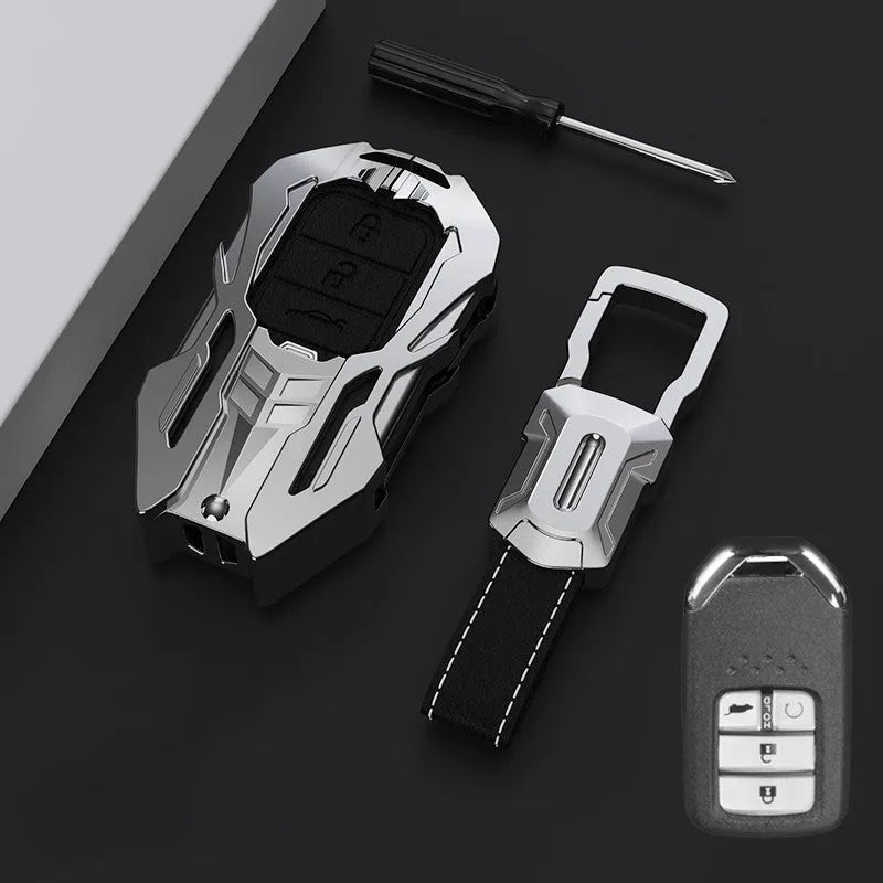 Honda metal key shell in aluminium alloy and cowhide, 80mm x 46mm, black colour, for Civic Accord