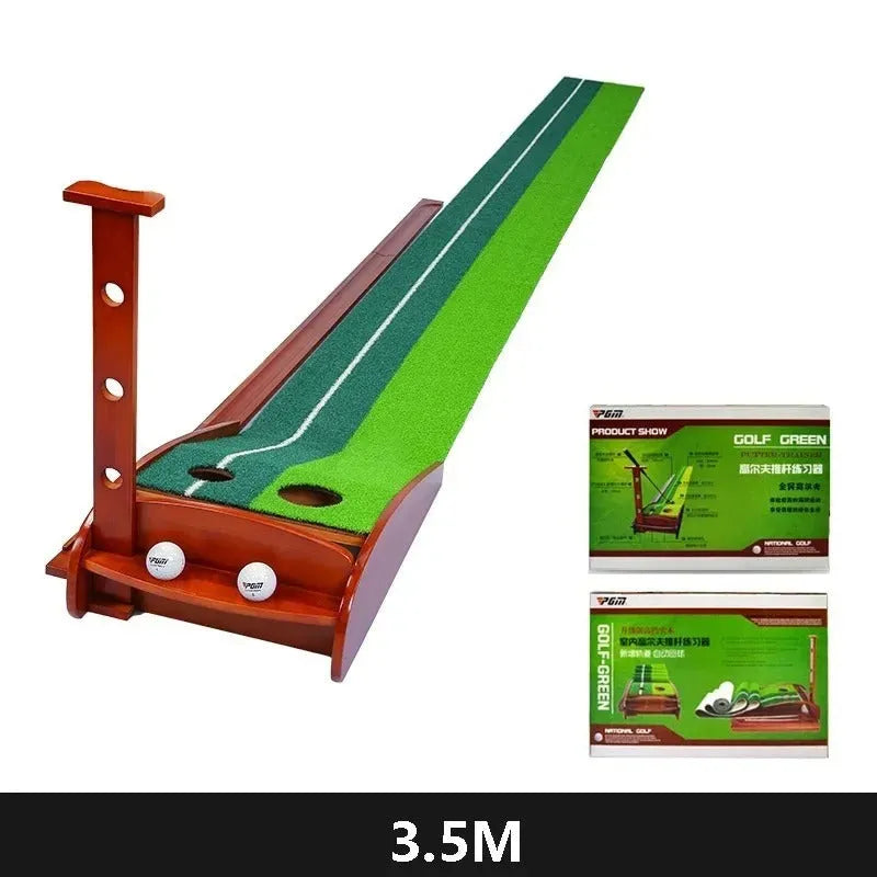 Indoor golf putting practice mat with solid wood frame, synthetic grass, and automatic ball return mechanism.