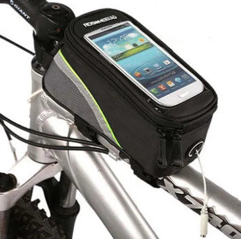 ROSWHEEL black bicycle frame bag mounted on bike, holding an iPhone, showing size scale.
