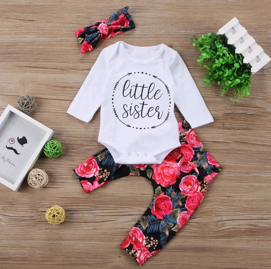 Girls autumn cotton milk silk three-piece suit with floral print and matching hair band, available in sizes 70-100cm