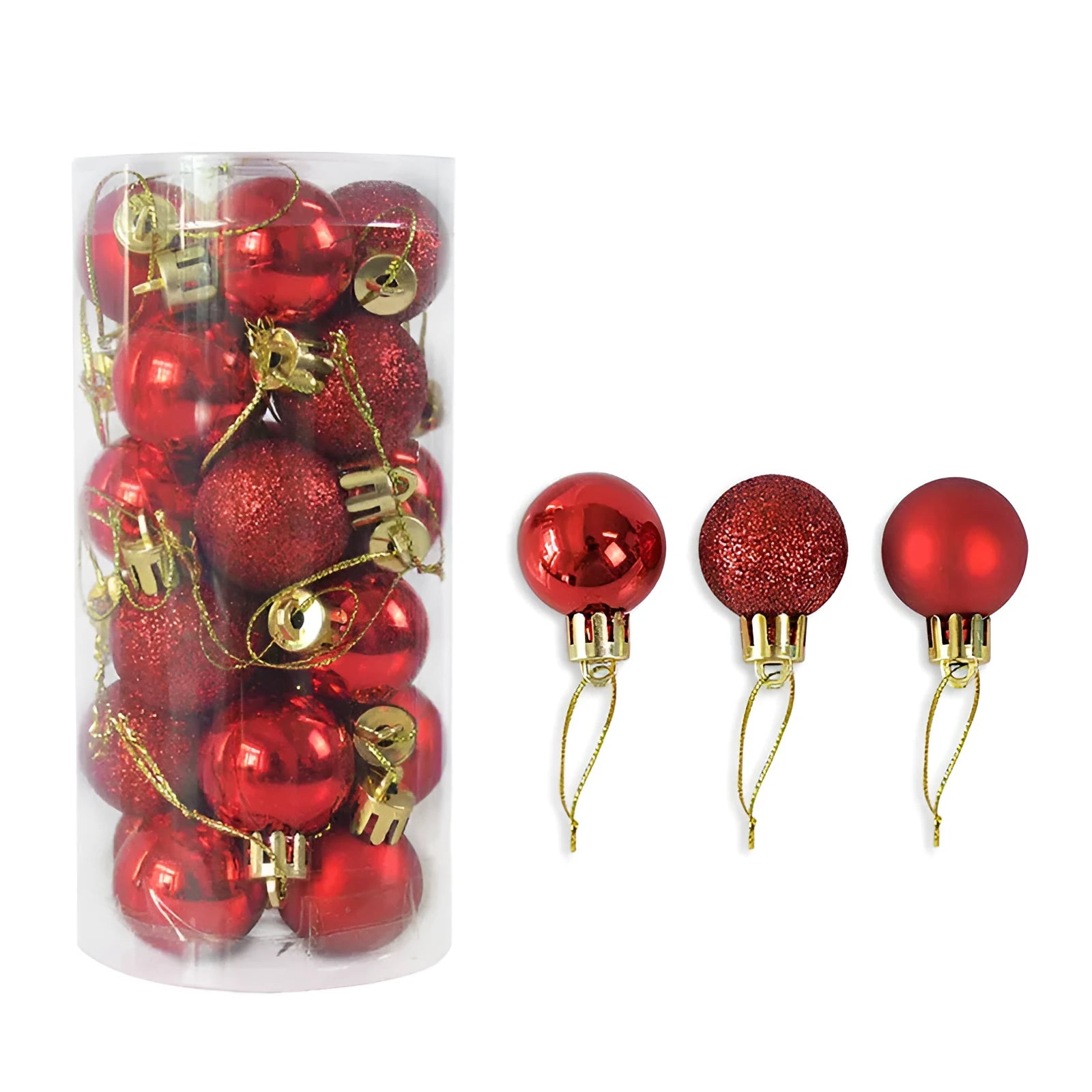 Assorted gold, red, silver, and blue 3cm plastic Christmas baubles spilling from a storage barrel.