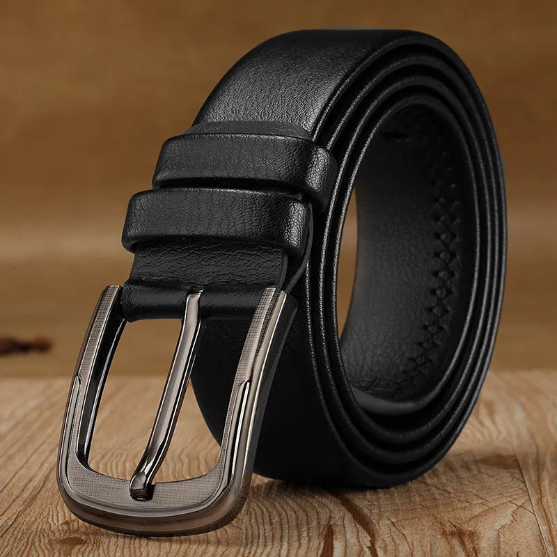 Men's pin buckle belt in black with alloy buckle and imported fibre body shown on a neutral background